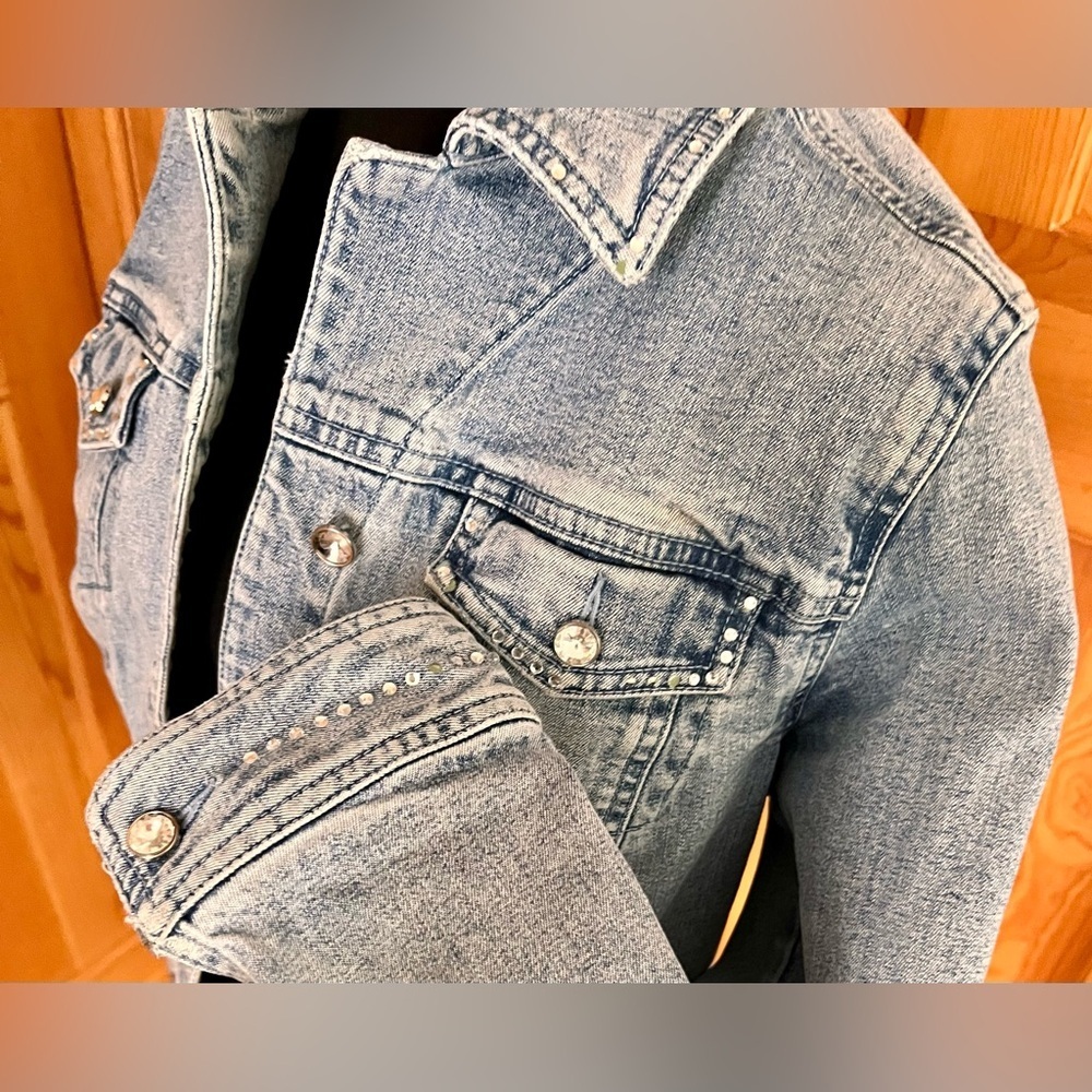 Laura Ashley Blue Sequin Denim Jacket Medium Boho Western Festival Cowgirl - Picture 14 of 17